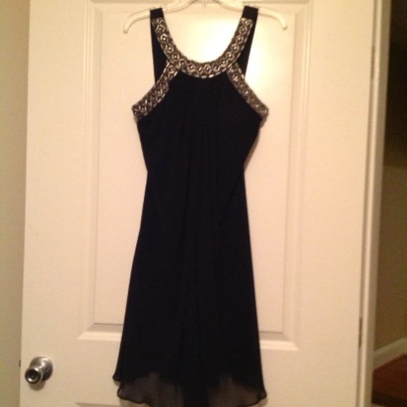 BLACK COCKTAIL DRESS WITH BEADED BODICE STRAPS - Picture 1 of 4